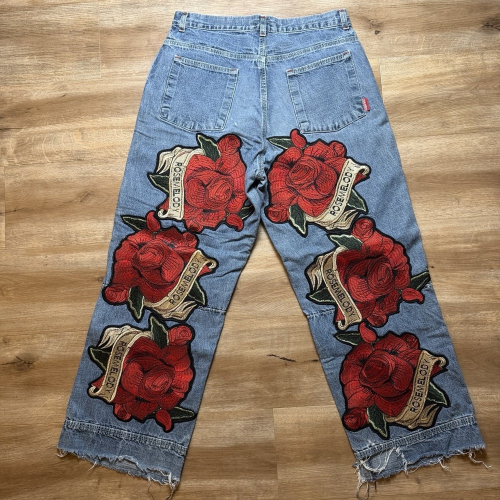 Vintage Bugle Boy Embroidered Jeans Men 30x28 Blue Relaxed Baggy Denim Rose Y2K